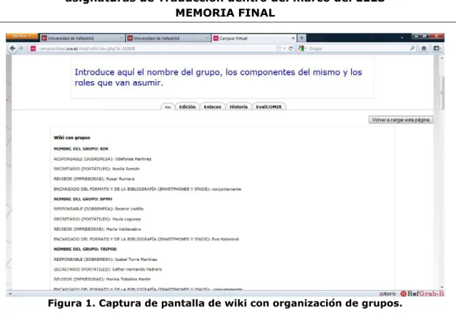 Figura 1. Captura de pantalla de wiki con organización de grupos. 