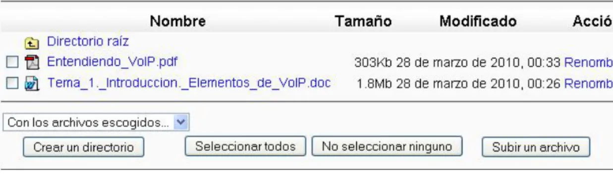 Figura 3.2. El gestor de archivos de curso de Moodle. 