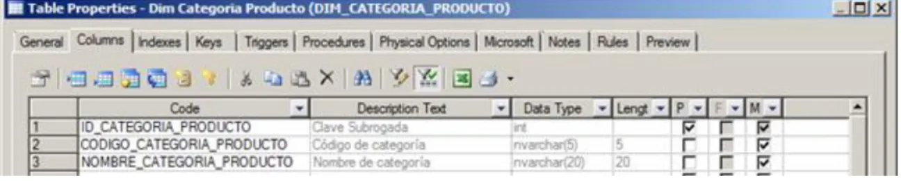 Ilustración 19. Propiedades de Dimensión Categoría de Producto  Dimensión de Tipo I con datos del fichero “categoria_de_producto.csv”