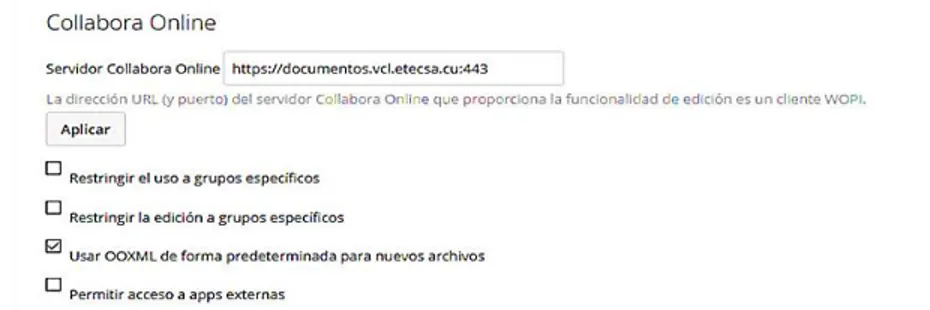 Figura 3.9. Aplicación Collabora Online en el servidor de Nextcloud en ETECSA. 