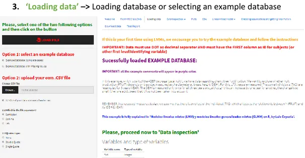 Figure 7. Screenshot of &#34;Loading data&#34; module after clicking ‘Example database’ and options 