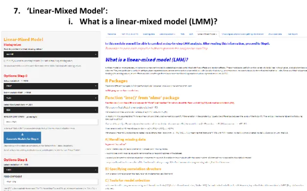 Figure 17. Screenshot of &#34;Linear-mixed model&#34; module and &#34;What is a linear-mixed model (LMM)?&#34; sub- sub-module 