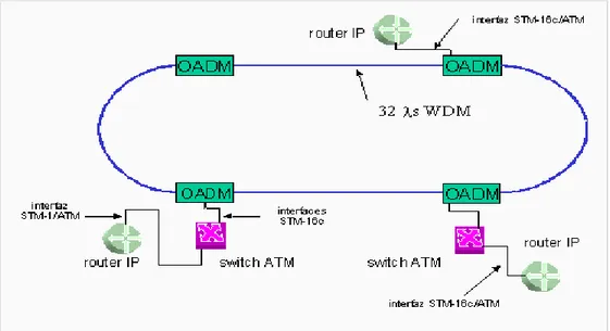 Figura 3.3 Ejemplo de IP sobre ATM sobre encapsulación SDH para el transporte  sobre una red WDM 