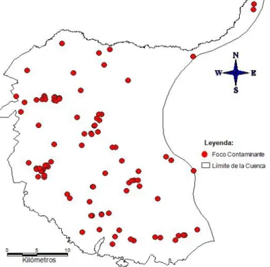 Figura 11. Representación espacial de los focos contaminantes de la cuenca en el software MapInfo  10.5 (Autor, 2017)