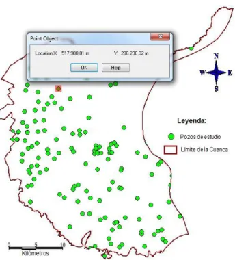 Figura  15.  Obtención  de  coordenadas  de  cada  pozo  de  la  cuenca  en  el  software  MapInfo  10.5  (Autor, 2017) 