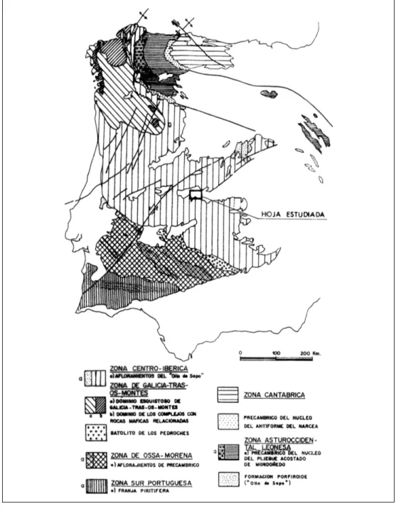 Figura 1. Situación de la Hoja en el Macizo Hespérico, modificado de J ULIVERT et al. (1972) según F ARIAS et al