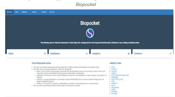 Figure 3: Main screen of Biopocket. On the top we have the top bar with the         different sections, in the upper section the logo and principal objective of the       WebApp followed by the four blocks of the different sections, the description of     