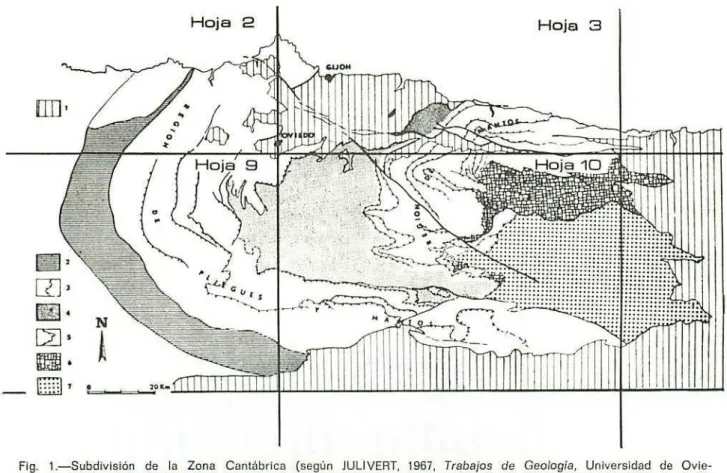 Fig. 1.-Subdivisión de la Zona Cantábrica (según JULIVERT, 1967, Trabajos de Geología, Universidad de Ovie- Ovie-do, n.l 1) y posición de las Hojas n.' 2 (Avilés), n.&#34; 3 (Oviedo), n.' 9 (Cangas de Narcea) y n.l 10 (Mieres)