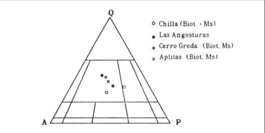 Figura 5.1. Proyección en el diagrama QAP de los diversos tipos graníticos arriba señalados.