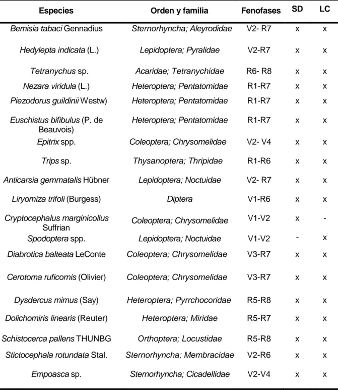 Tabla 3. Inventario de las especies fitófagas asociadas a la soya (riqueza específica) según  fases fenológicas y tratamientos 2012-2015 