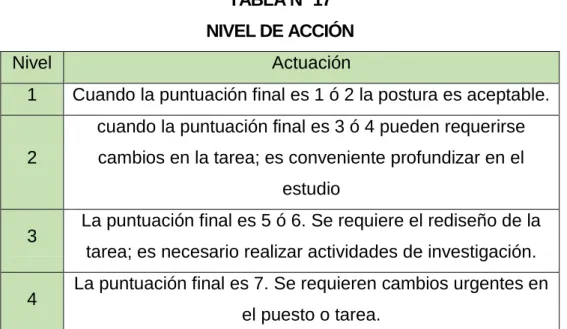 TABLA N° 17  NIVEL DE ACCIÓN  