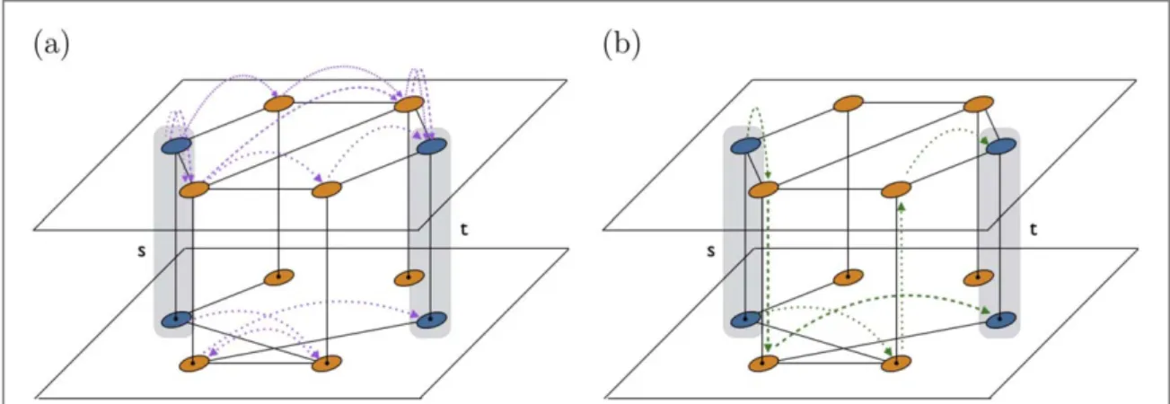 Figure 1. Shortest paths in multiplex networks. An element traveling between locations s and t on the multiplex structure has to choose a path among the possible ones shown in the ﬁgure