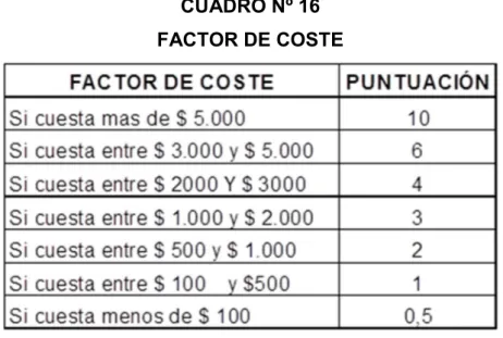 CUADRO Nº 16   FACTOR DE COSTE 