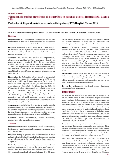 Valoración De Pruebas Diagnósticas De Desnutrición En Pacientes Adultos Hospital Iess Cuenca 2014 7811
