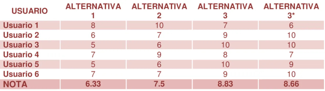 Tabla 8.21: Puntuaciones obtenidas para el criterio funcional 