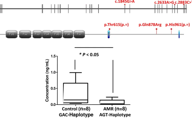 Fig 2. ITGA4 gene. Schematic structure of the human ITGA4 gene and primary protein domains of ITGA4 showing relative position of the 3 common polymorphism found (c.1845G>A), c.2633A>G), c.2883C>T)