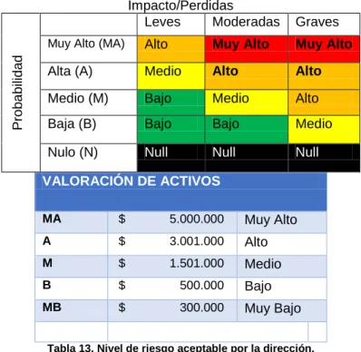 Tabla 13. Nivel de riesgo aceptable por la dirección. 