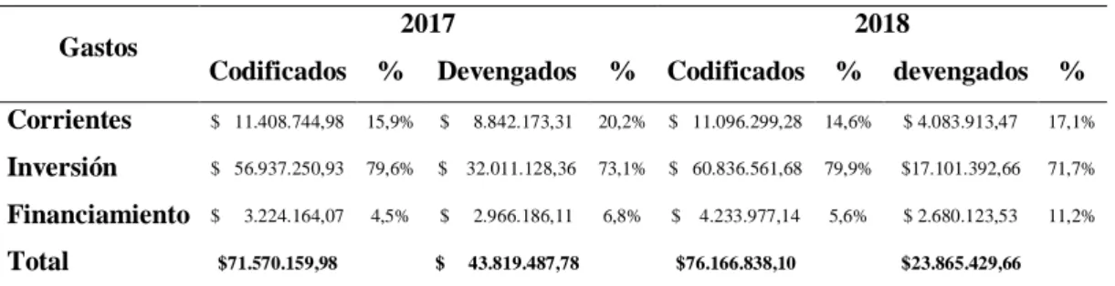 Tabla 13. Estructura de los gastos codificados y devengados, años 2017-2018 