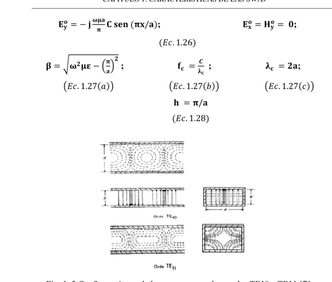 Fig. 1. 5 Configuraciones de los campos para los modos TE10 y TE11 [7] 
