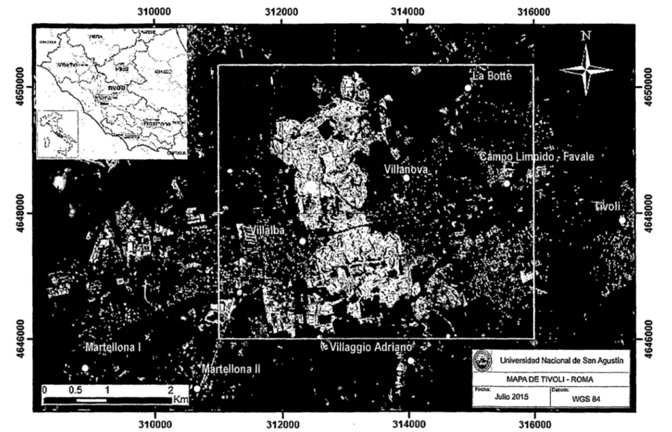 Figura 1.2.  Mapa de los depósitos de travertino mostrando la localización del área de estudio