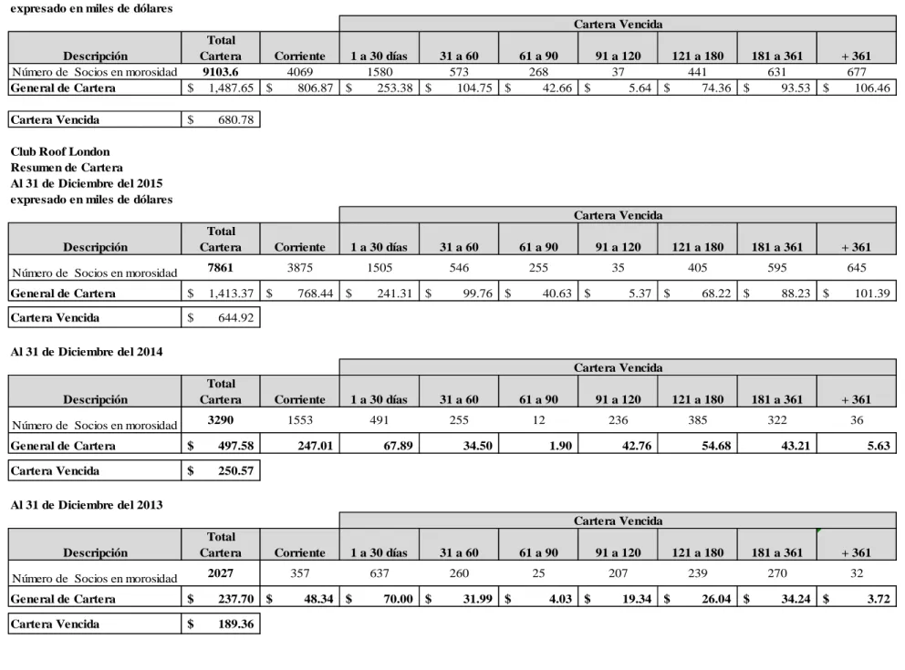 CUADRO No. 14 Club Roof London Resumen de Cartera  Al 30 de Julio del 2016 expresado en miles de dólares