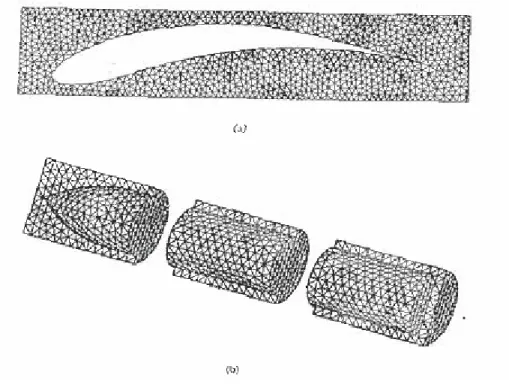 Figura   2.3   Ejemplo de discretización del elemento finito.  a) Dos dimensiones con  elementos triangulares,  b) Tres dimensiones con elementos tetraedros