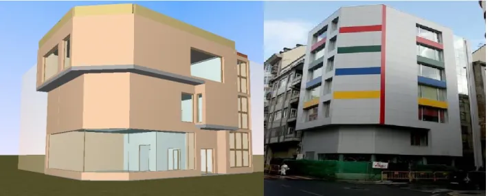 Fig. 1. Edificación 1 (Izda.: Modelo. Dcha.: Edificio real) 