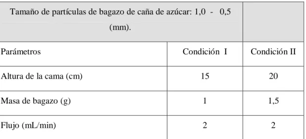 Tabla 3.1. Parámetros de operación de las columnas de biosorción continuas. 
