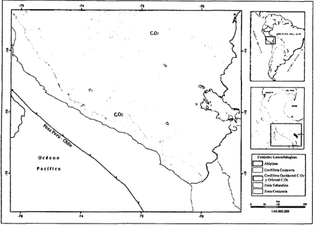Figura 1.3.  Principales unidades geomoifológicas del Perú (Da/mayrac et al,  1981;  Taveray Buforn,  1998)