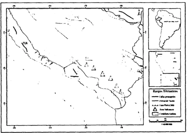 Figura 2.4.  Principales rasgos tectónicos en Perú.  Los triángulos indican la localización de los volcanes  y  las líneas de color morado los principales sistemas de fallas activas en Perú  (Sebrier et al,  1985)