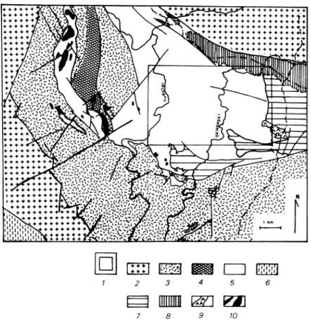 Fig. 2.- Esquema geológico del entorno del área estudiada. 1: área ob- ob-jeto de trabajo