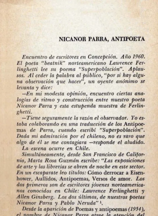 taba  colaborando  en una  traduccidn de los A n t i p   '  mas  de  Parra,  cuando  esmibi  "Su~rfmbbcidro"