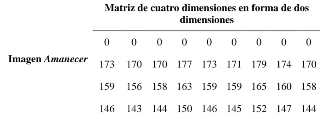 Tabla 3.2. Matriz de la Tabla 3.1 llevada a dos dimensiones 