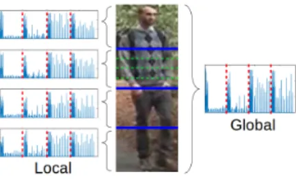 Figure 2: Illustration of the generated global and local descriptors based on SCNCD (and color histograms).