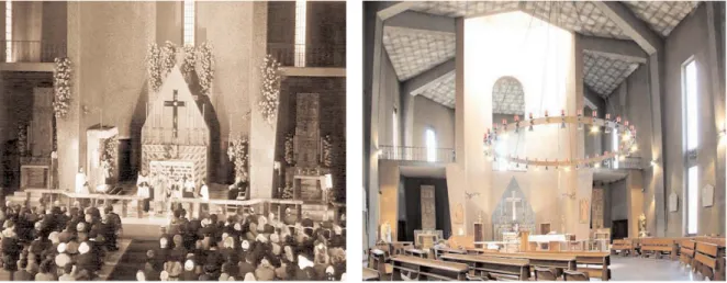 Fig. 11. Ferdinando Reggiori, St. Ferdinand Church, Milan, 1961/62; interior in the sixties and nowadays.
