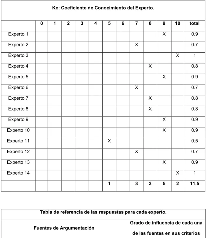 Tabla de referencia de las respuestas para cada experto. 