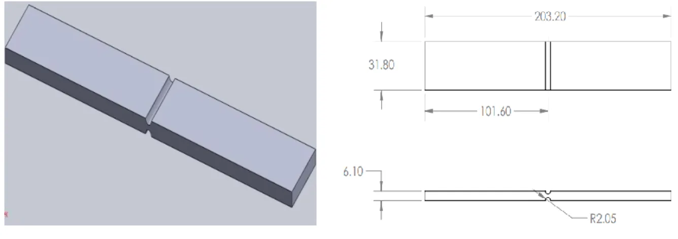 Figura 2.3: Modelo CAD y medidas de la probeta P4. 