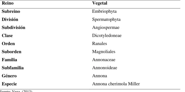 Tabla 2-1:      Clasificación taxonómica de la chirimoya 
