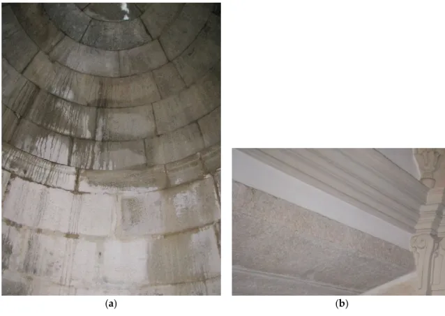 Figure 1. Images illustrative of the indoor space typology: (a) type A spaces, where granite  is the dominant material in all the space elements (floor, walls, ceiling); (b) type C spaces,  where there are granite applications but other materials are as ab