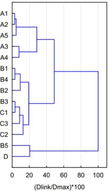 Figure 4. Dendrogram (Ward’s method) obtained from the standardized estimations from  portable  gamma  spectrometry  of  K,  eU,  and  eTh