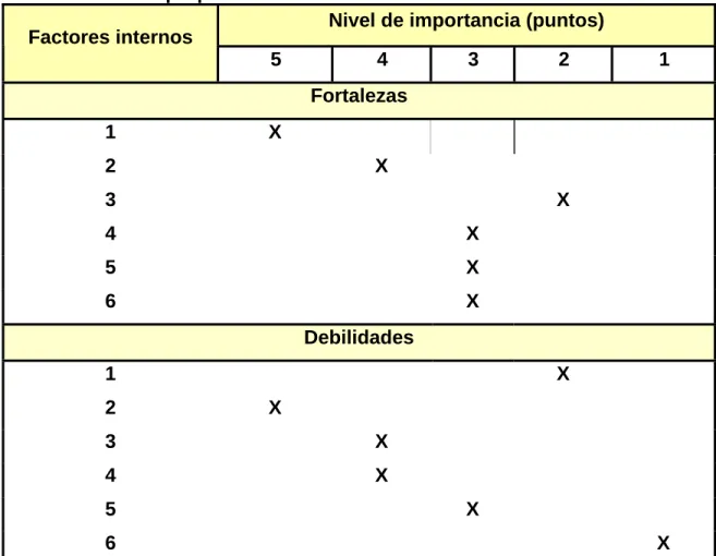 Tabla 5. Evaluación de los factores internos por su nivel de importancia. 