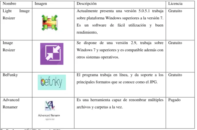 Tabla 6-1: Programas para el redimensionamiento de imágenes en masa 