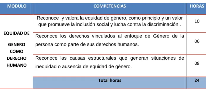 Tabla N° 1: Plan curricular del módulo de EQUIDAD DE GENERO como un Derecho Humano. 