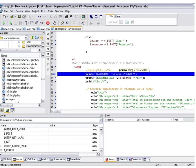 Figura 2.7 Ambiente del software NuSphere PhpED debugueando una página del sitio. 