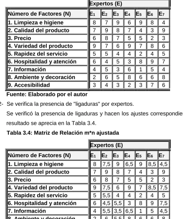Tabla 3.4: Matriz de Relación m*n ajustada  Expertos (E) 