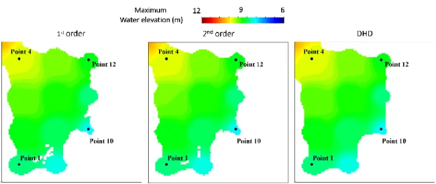 Figure 6. 2D-map of the maximum water elevation obtained using Iber with three numerical schemes: 