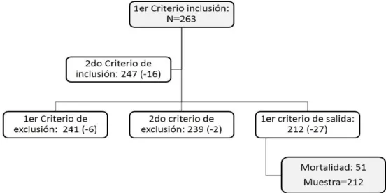 Figura 1. Comportamiento muestral del grupo de estudio de acuerdo con la  aplicación de los criterios de selección