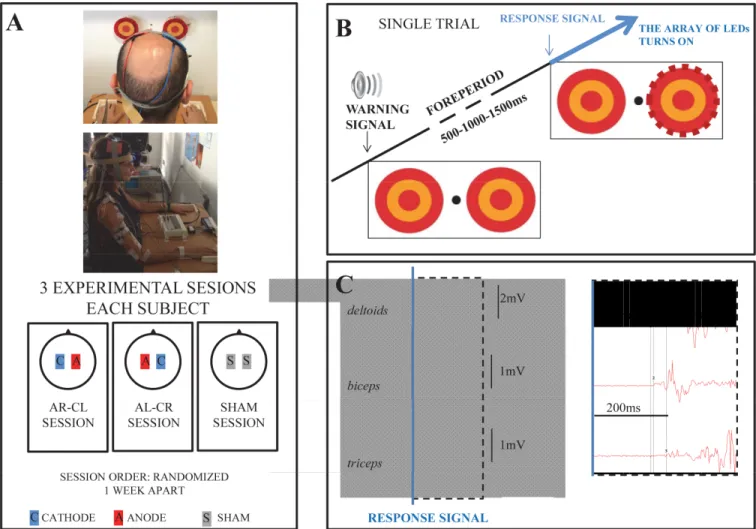 Fig 1. (A) Experimental setting and tDCS electrode montage in the 3 experimental sessions