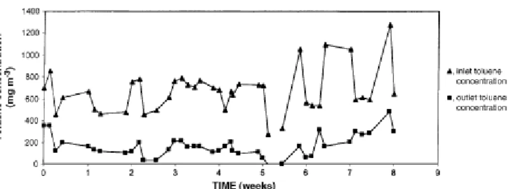 Figure 2.  Inlet and outlet toluene concentrations during the control period with the  single downflow feed (period I).