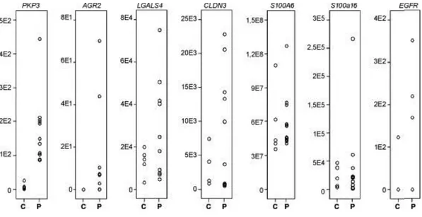 Fig. 3. mRNA expression levels of PKP3, AGR2, LGALS4, CLDN3, S100A6, S100A16 and EGFR mRNA in peripheral  blood:  mRNA  expression  levels  of  PKP3,  AGR2,  LGALS4,  CLDN3,  S100A6,  S100A16  and  EGFR  mRNA  (Y-axis)  determined  in  peripheral  blood  f